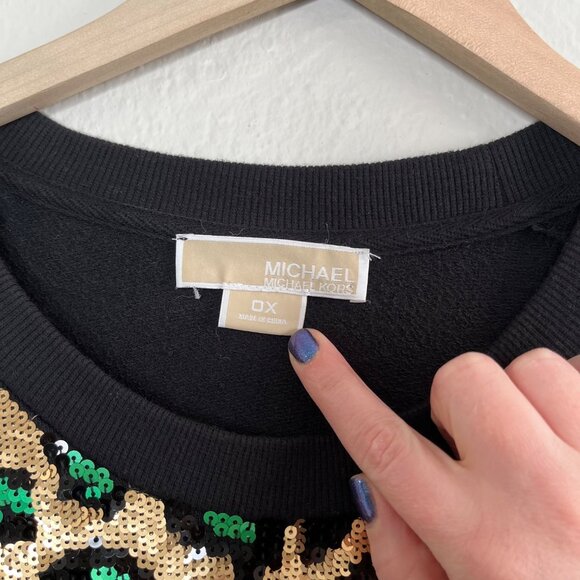 Michael Michael Kors Sequin Gold and Green Leopard Print Black Sweatshirt 0X - Picture 7 of 10
